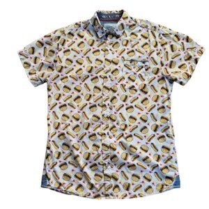 Good Vibes Hamburger & Hotdog Print Button-Up Shirt Retro Food Graphic - Size M